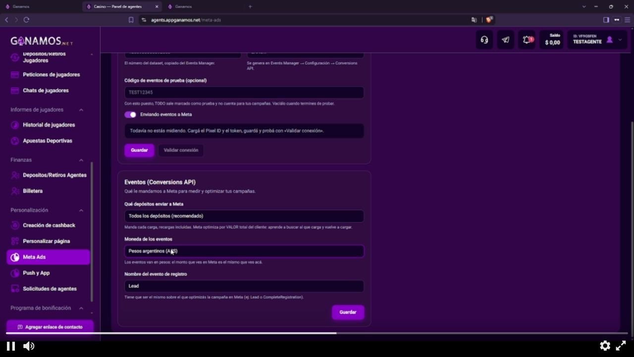 Configuración de Meta Ads y eventos en Ganamos